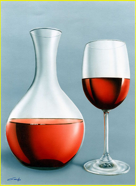acrylique d’une carafe transparente à moitié remplie de vin rouge à côté d’un verre à pied également remplie à moitié