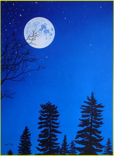 Silhouette de sapins de différentes hauteurs sous un ciel de nuit éclairé par la pleine lune et quelques étoiles