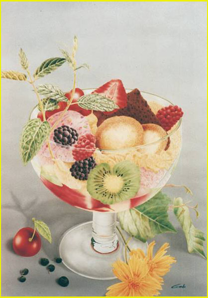 tableau à l'aérographe d'une coupe en verre transparente à l'intérieur une variété de fruits et de feuilles de menthe 