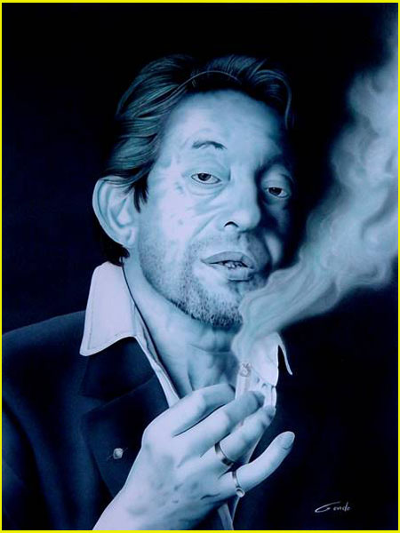 peinture monochrome à l'aérographe de Serge Gainsbourg avec une cigarette allumée qui dégage beaucoup de fumée