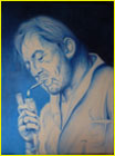 peinture monochrome de gainsbourg en train d'allumer sa cigarette sur un fond également monochrome bleu
