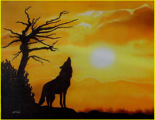 Peinture réalisée à l'aérographe d'un coucher de soleil avec en silhouettes noires un loup hurlant près d'un arbre mort