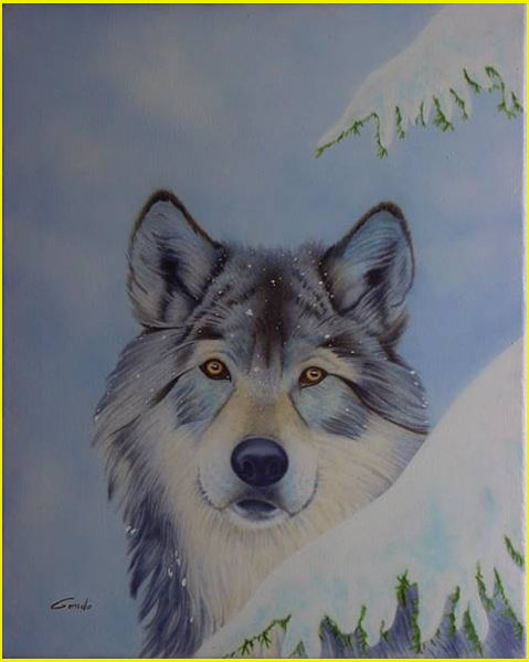peinture acrylique à l'aérographe peint sur une toile d'une tête d'un loup une branche de sapin enneigé sur un fond de ciel gris bleu
