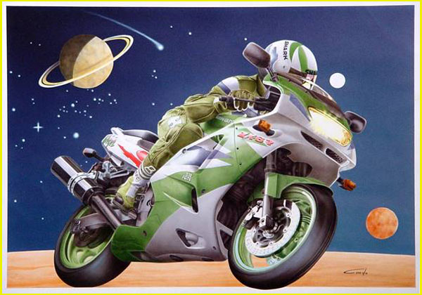 peinture aérographe d'un pilote en combinaison sur une moto kawasaki sous un ciel de nuit futuriste avec des planètes et des étoiles