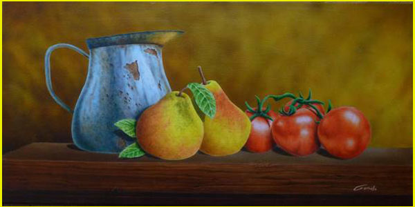 acrylique à l'aérographe d'un pot en fer blanc avec à côté deux poires et quatre tomates posés sur une grosse planche