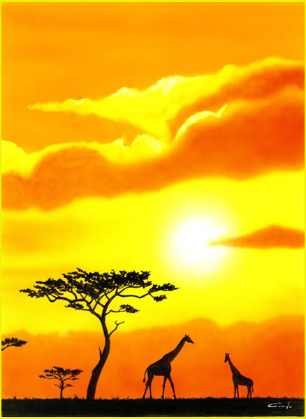 peinture aérographe de la savane africaine dans un coucher de soleil avec des arbres et des girafes en silhouettes
