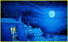 acrylique à l'aérographe représentant les toits en zingue de Paris avec ses cheminées sous une nuit de pleine lune
