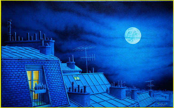acrylique à l'aérographe représentant les toits en zingue de Paris avec ses cheminées sous une nuit de pleine lune