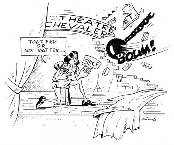 dessin d'un acteur qui joue malgre la destruction du théâtre