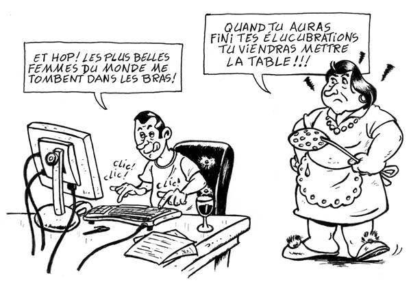 dessin humoristique d'une femme en colere contre son mari qui est devant son ordinateur
