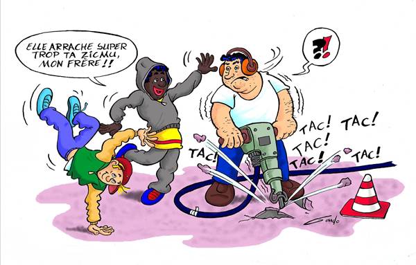 dessin de deux adolescents qui dansent au bruit d'un marteau piqueur qu'un ouvrier utilise