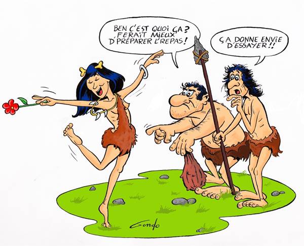 dessin au temps de la prehistoire deux hommes sont etonnes de voir une femme dansee