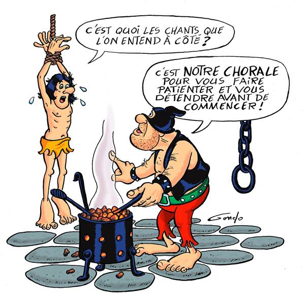 dessin humoristique d'un boureau qui va torturer un homme suspendu