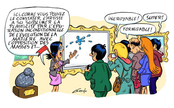 illustration d'une femme guide dans un musee qui montre une peinture a des visiteurs