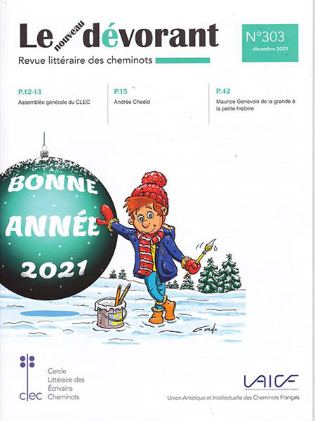 dessin d'un enfant dans la neige qui a ecrit, bonne annee 2021 sur une enorme boule de noel