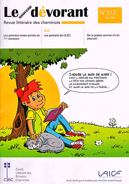 dessin d'un enfant qui lit un livre sous un arbre et qui caresse son chat l'air satisfait