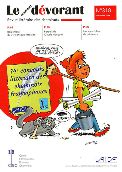 dessin d'un enfant qui colle des affiches avec un balai pour annoncer un concours