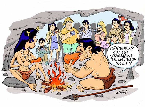 dessin en couleur d'une famille préhistorique qui est photographiée par des touriste