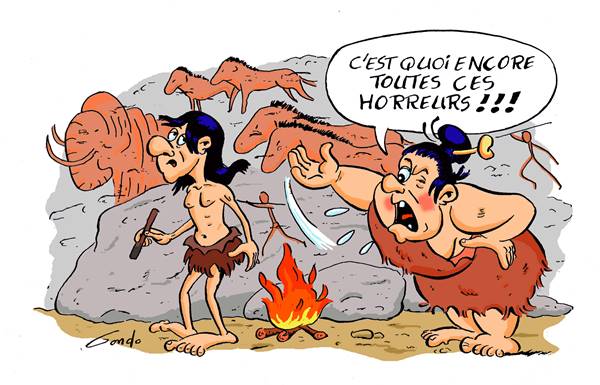 une femme préhistorique engueule son mari qui a peint des peintures rupestres dans une caverne
