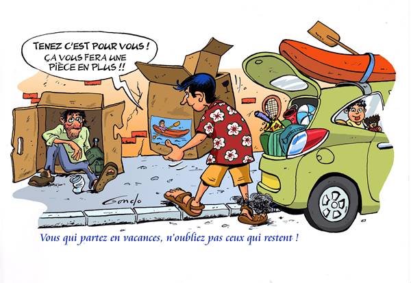 dessin d'un automobiliste qui donne le grand carton de son bateau pneumatique à un sans abrit pour lui donner un toit 