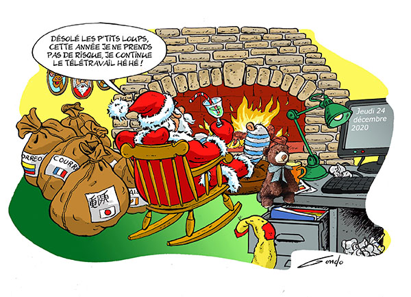 dessin du Père Noël assit sur un fauteuil à bascule chez lui entouré de plusieurs gros sacs de jouets