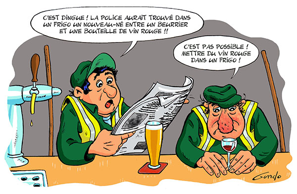 dessin de deux balayeurs qui discutent au comptoir d'un bar dont l'un lit le journal