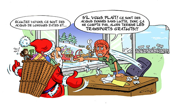 dessin du Père Noël derrière le bureau de son chef qui veut lui faire payer le transport en traineau