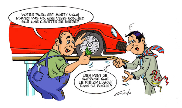 dessin d'un garagiste qui trouve une bouteille de bière sur un pneu de la voiture levé sur le pont