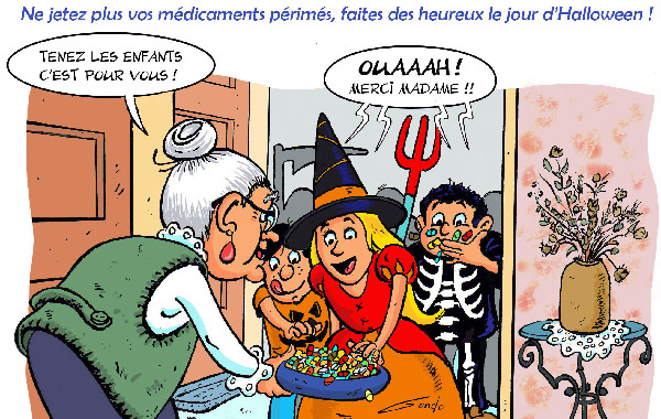 dessin d'une grand mère qui distribut ses pillules de médicament comme bonbons aux enfants le jour d'Halloween