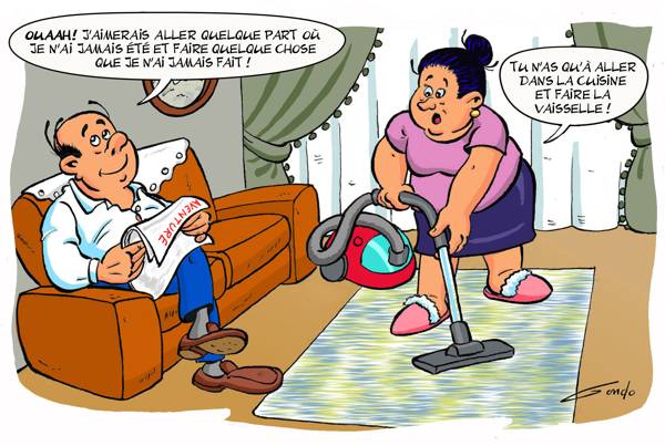 dessin d'un homme qui lit tranquillement son journal pendant que sa femme passe l'aspirateur