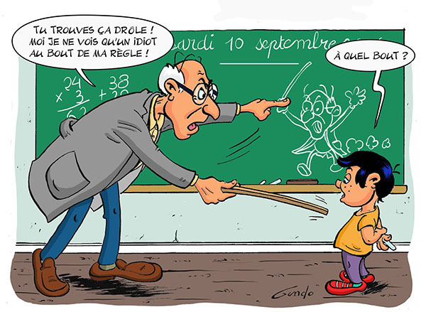 dessin d'un maître d'école qui crie auprès d'un enfant debout sur l'estrade