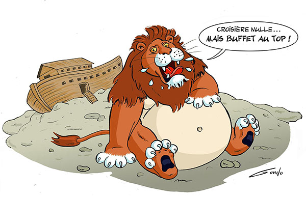 dessin d'un lion assis au sol avec un énorme ventre devant l'arche echouée de Noé