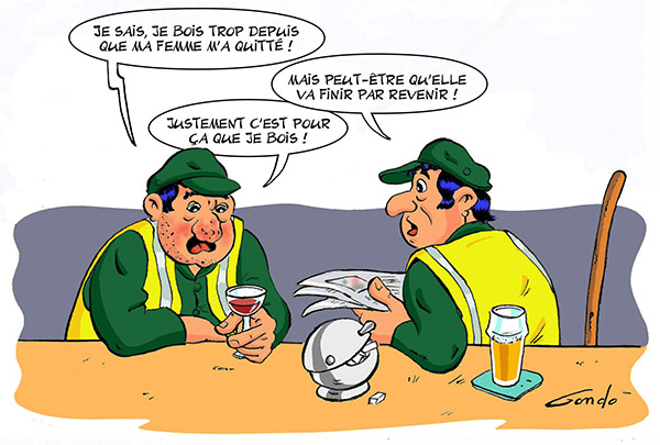 dessin de deux balayeurs en pleine discution sont accoudés au comptoir d'un café