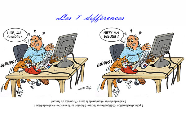 trouvez 7 différences dans un dessin d'un homme sur son ordinateur